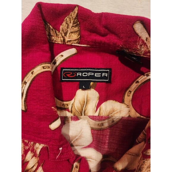 Roper Hawaiian Red Horseshoes Floral Western Button Short Sleeve Shirt Men Large - Picture 3 of 6